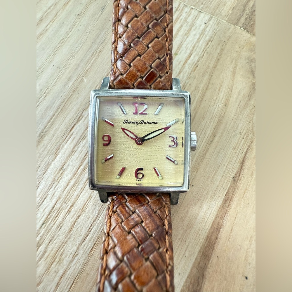 Tommy Bahama ladies square 925 silver brown leather Swiss watch NEW BATTERY